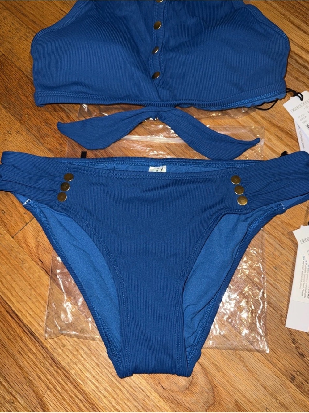 Robin Piccone Deep Blue Ribbed Bikini Set with Gold Buttons - Picture 2 of 7